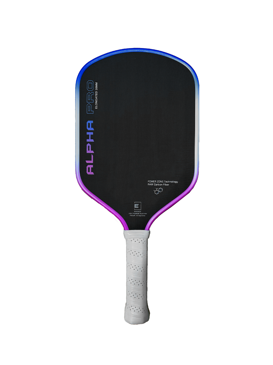 Engage Pickleball Alpha Pro paddle: black carbon fiber, white grip, blue-purple accents.