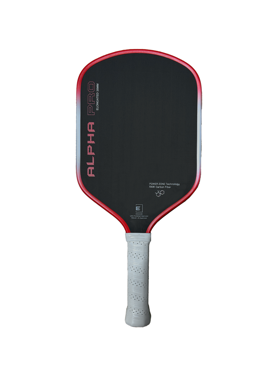 Engage Pickleball Alpha Pro paddle: black, red, raw carbon fiber, white grip handle.