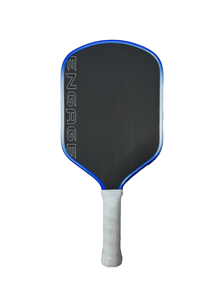 Engage Pickleball Alpha Pro paddle: black/blue raw carbon fiber, white grip, ENGAGE on face.