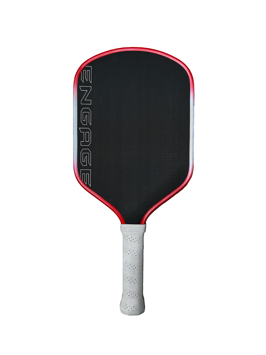 Engage Pickleball Alpha Pro paddle with red trim, white grip, and raw carbon fiber finish.