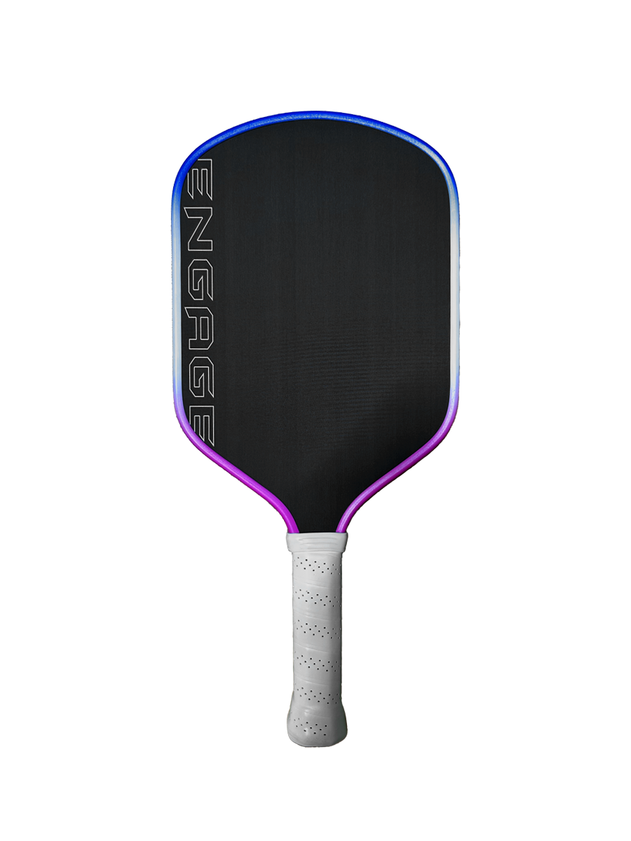 Engage Pickleball Alpha Pro paddle: black, raw carbon fiber, white perforated grip.
