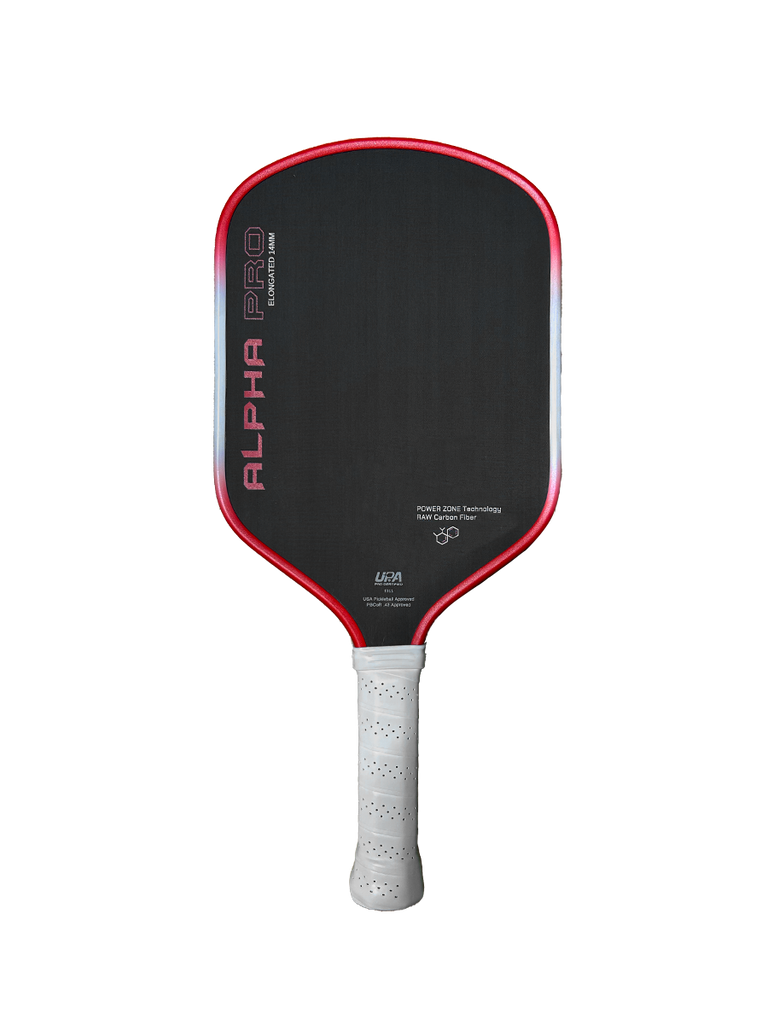 Red-Flare Alpha Pro Thermoformed paddle by Engage Pickleball with a white grip on white background.