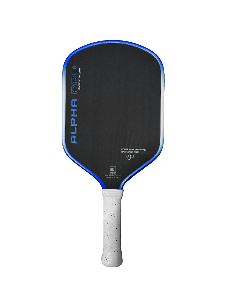 A royal-blue Engage Pickleball Alpha Pro paddle with a white grip for power and spin.