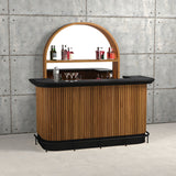 The RAM Game Room Prohibition 84" Walnut Bar features a black top, mirrored back, and bottle display.