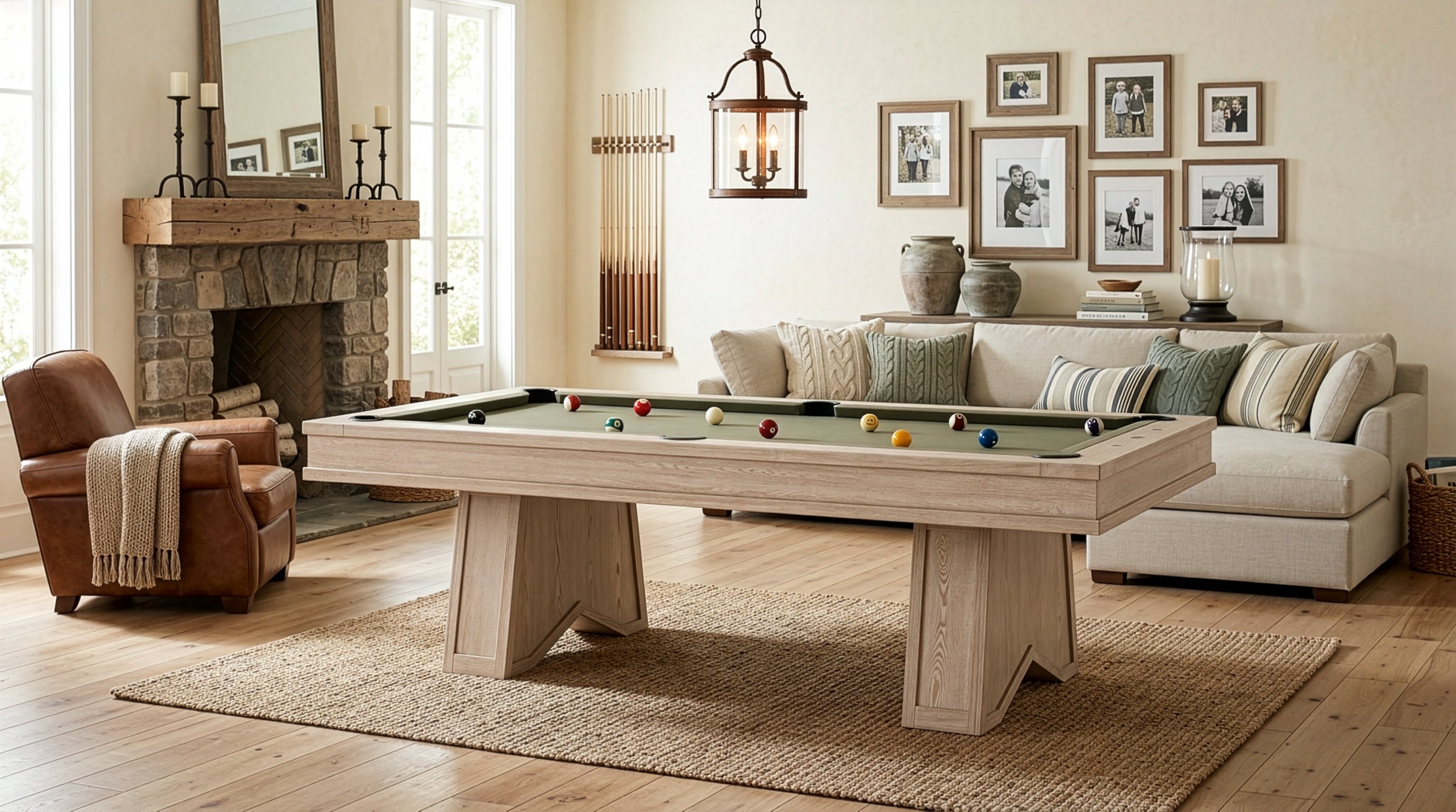 A light natural wood pool table with a green felt playing surface and scattered billiard balls, set in a styled living room with a fireplace, sofa, and framed wall art.