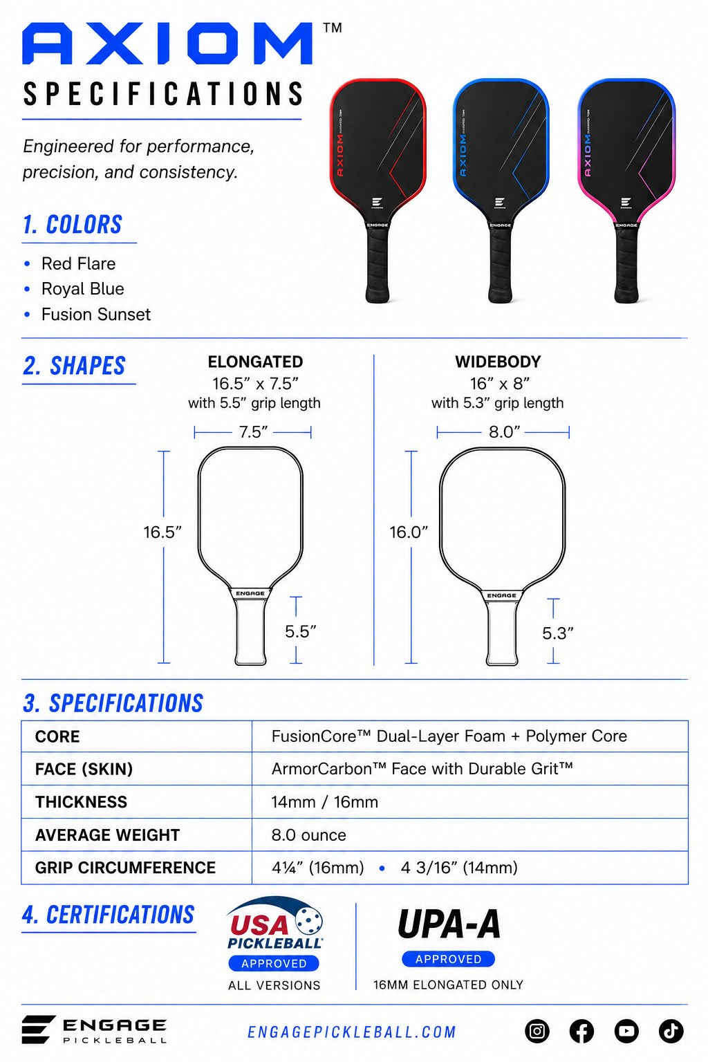 A detailed product specification sheet for Axiom Pickleball rackets, showing color options (Red Flare, Royal Blue, Fusion Sunset), body shapes (Elongated, Widebody), technical specs, and certification logos on a white background.