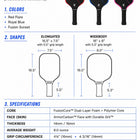 A detailed product specification sheet for Axiom Pickleball rackets, showing color options (Red Flare, Royal Blue, Fusion Sunset), body shapes (Elongated, Widebody), technical specs, and certification logos on a white background.