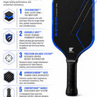 A promotional infographic for the Axiom pickleball paddle, featuring a large blue and black paddle graphic on the right side and five feature callouts with icons on the left against a white background. Visible text includes 'AXIOM ENGINEERED WITHOUT COMPROMISE' and 'ENGAGE PICKLEBALL'.