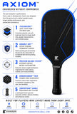 A promotional infographic for the Axiom pickleball paddle, featuring a large blue and black paddle graphic on the right side and five feature callouts with icons on the left against a white background. Visible text includes 'AXIOM ENGINEERED WITHOUT COMPROMISE' and 'ENGAGE PICKLEBALL'.