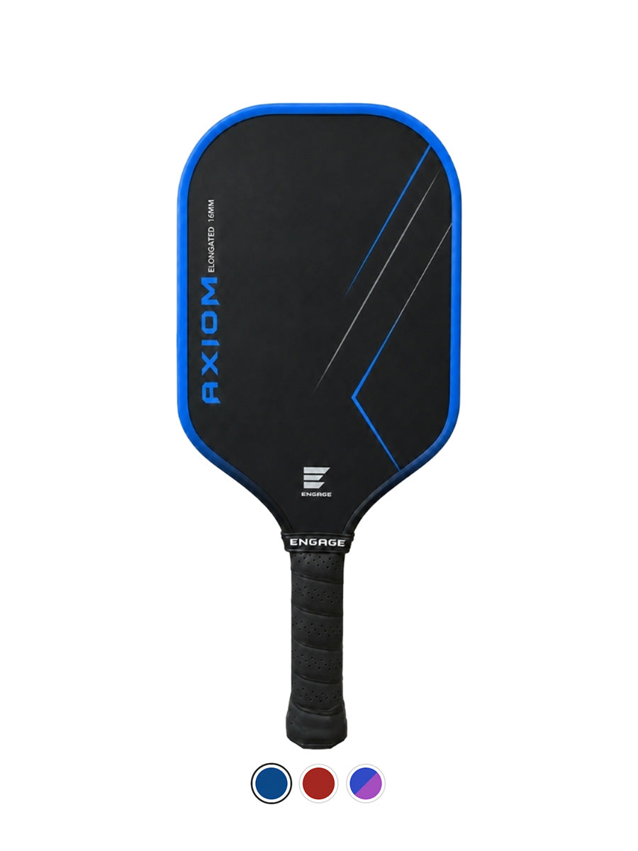 A black and blue pickleball paddle with a black wrapped handle, shown on a white background with three small color swatches at the bottom.