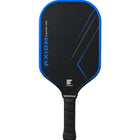 A black and blue pickleball paddle with a black wrapped handle, shown on a white background with three small color swatches at the bottom.