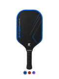A black and blue pickleball paddle with a black wrapped handle, shown on a white background with three small color swatches at the bottom.