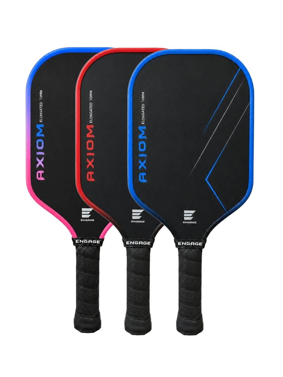 Three pickleball paddles from Axiom Engage lined up in a fan shape on a white background. The paddles are black with blue, red, and pink accents on the edges, and the brand name 'AXIOM' is clearly visible.