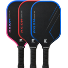 Three pickleball paddles from Axiom Engage lined up in a fan shape on a white background. The paddles are black with blue, red, and pink accents on the edges, and the brand name 'AXIOM' is clearly visible.