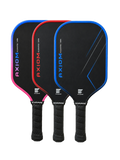Three pickleball paddles from Axiom Engage lined up in a fan shape on a white background. The paddles are black with blue, red, and pink accents on the edges, and the brand name 'AXIOM' is clearly visible.