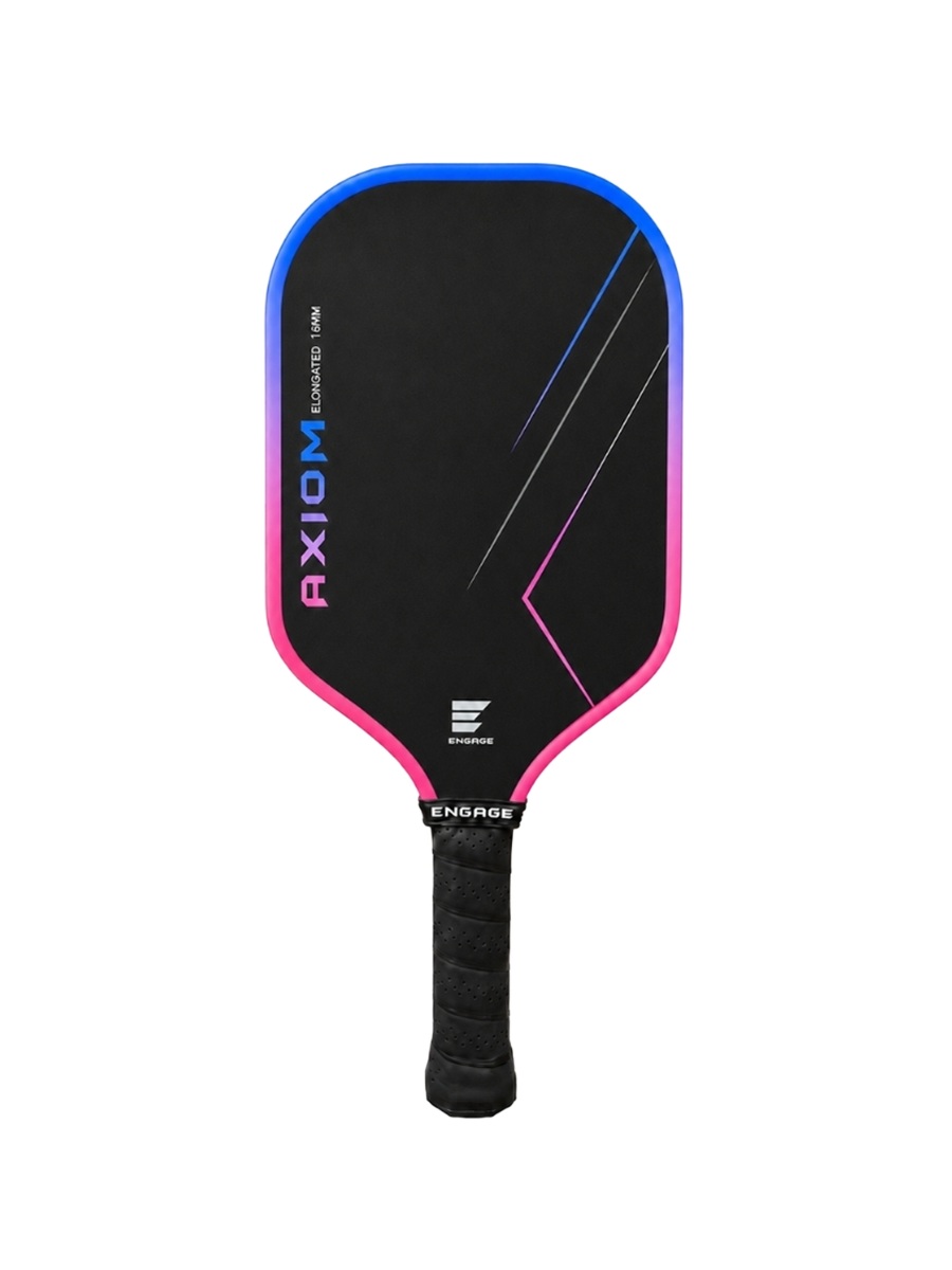 A black pickleball paddle with a blue and pink gradient border, featuring the 'AXIOM' and 'ENGAGE' branding on a solid white background.