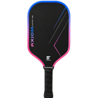 A black pickleball paddle with a blue and pink gradient border, featuring the 'AXIOM' and 'ENGAGE' branding on a solid white background.