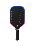 A black pickleball paddle with a blue and pink gradient border, featuring the 'AXIOM' and 'ENGAGE' branding on a solid white background.