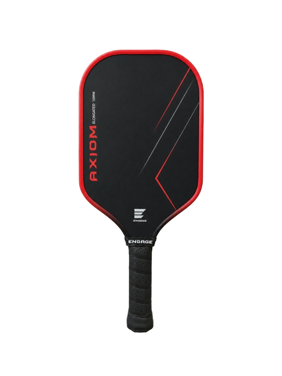 A black pickleball paddle with a red border and red and white graphic accents, featuring the Engage and Axiom brands, shown against a plain white background.
