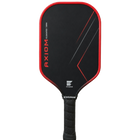 A black pickleball paddle with a red border and red and white graphic accents, featuring the Engage and Axiom brands, shown against a plain white background.