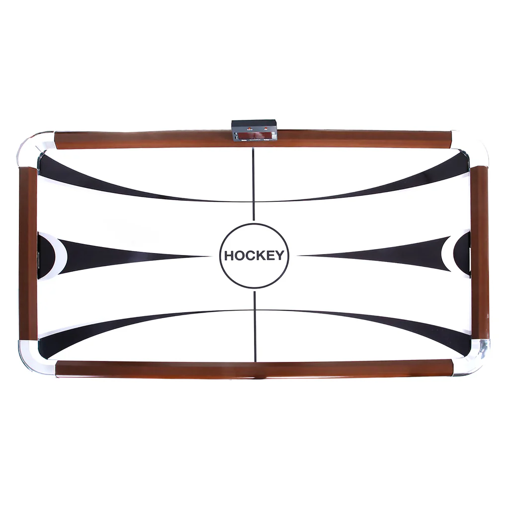 Top view of the Hathaway Brentwood 7.5-Ft Air Hockey Table with white surface and electronic scoring.