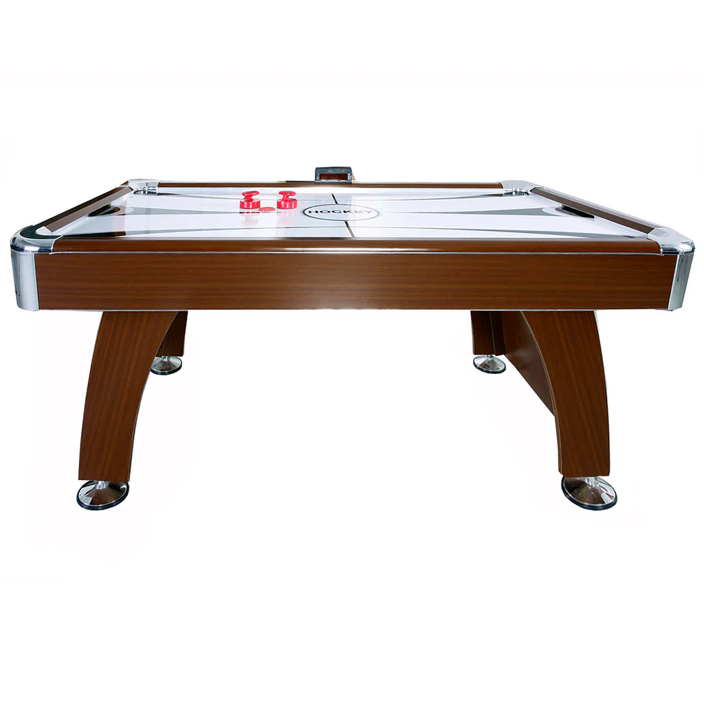 Hathaway Brentwood 7.5-Ft Air Hockey Table with wooden legs, dual blower, red paddles, & puck.
