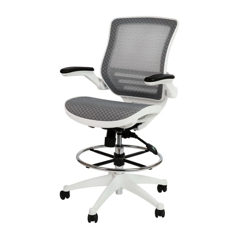 Waylon Mid-Back Transparent Gray Mesh Drafting Chair with White Frame and Flip-Up Arms