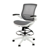 Waylon Mid-Back Transparent Gray Mesh Drafting Chair with White Frame and Flip-Up Arms