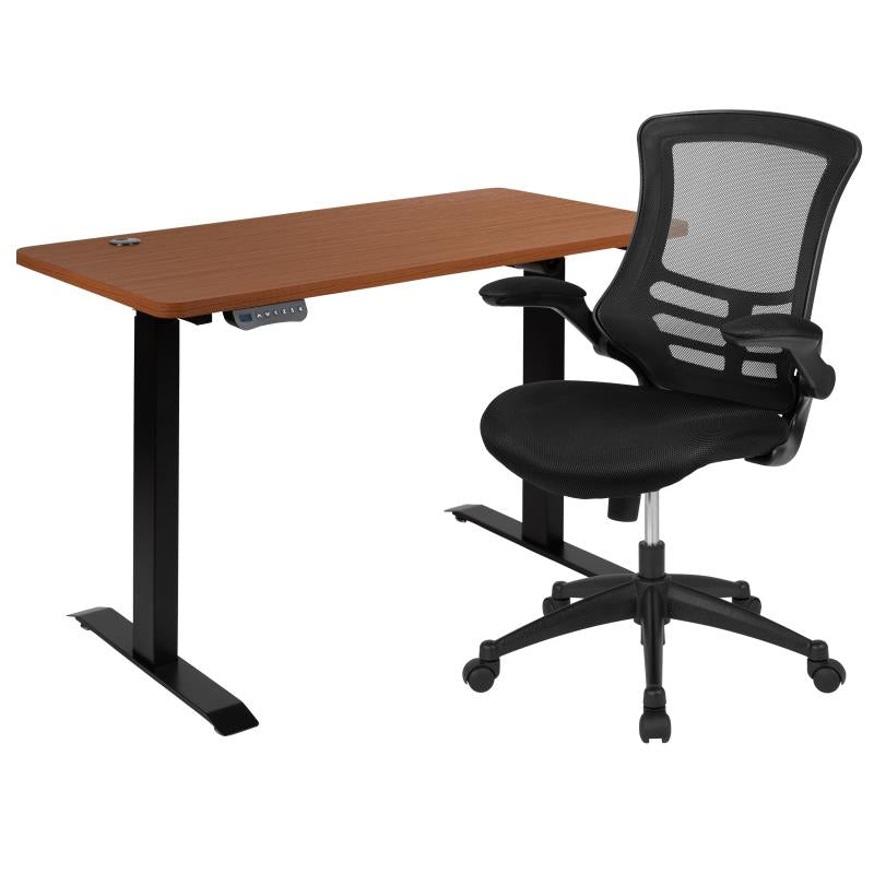 Regent Manor 48"W x 24"D Mahogany Electric Height Adjustable Standing Desk with Black Mesh Swivel Ergonomic Task Office Chair