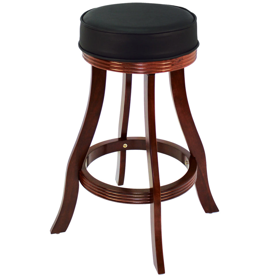 RAM Game Room Backless Barstool - English Tudor with curved legs and a round black vinyl seat.
