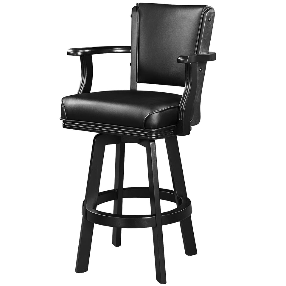 RAM Game Room Swivel Barstool with Arms in Black features padded seat and four wood legs.