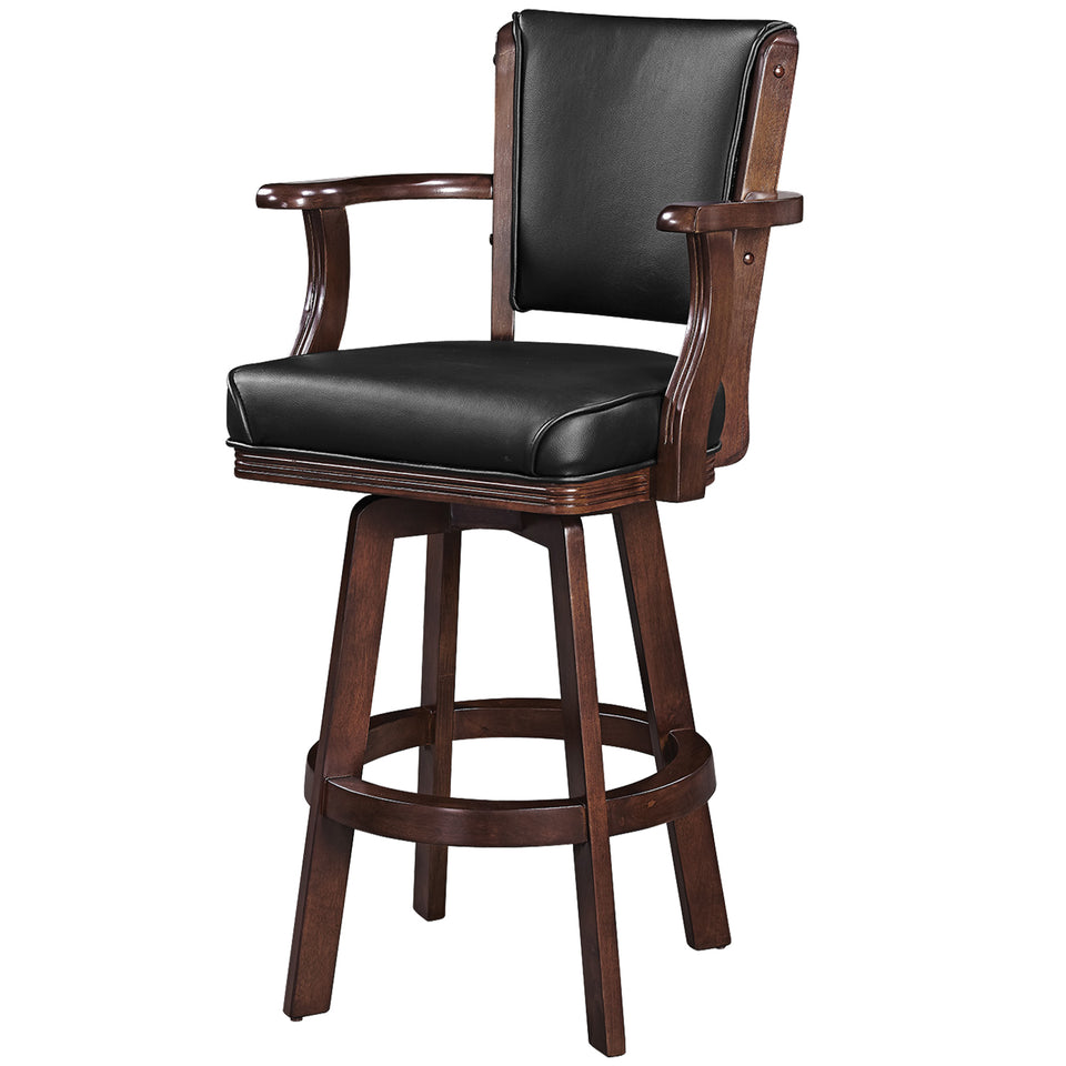 RAM Game Room Swivel Barstool with Arms in cappuccino, cushioned black seat, solid wood frame.