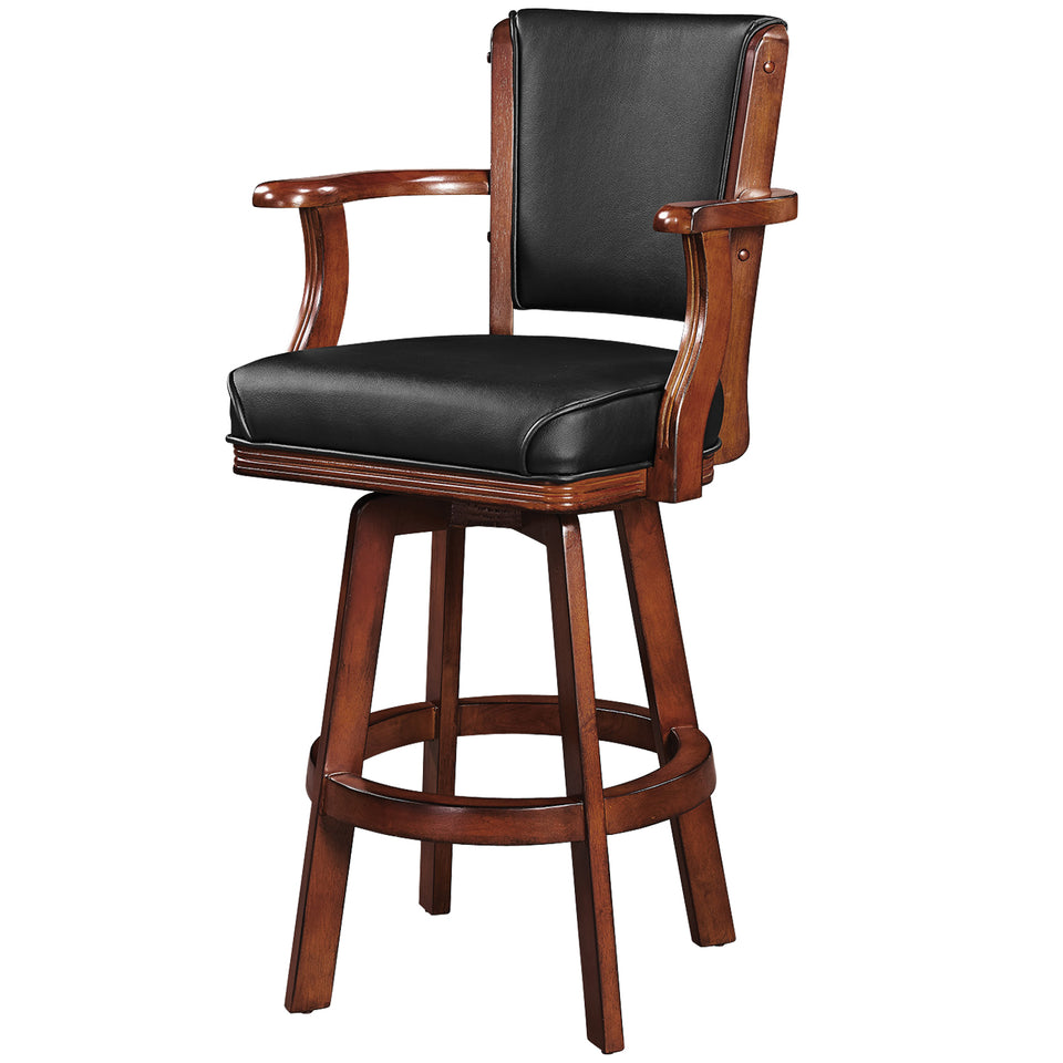 RAM Game Room Swivel Barstool with Arms in Chestnut, black seat, back, and swivel base.