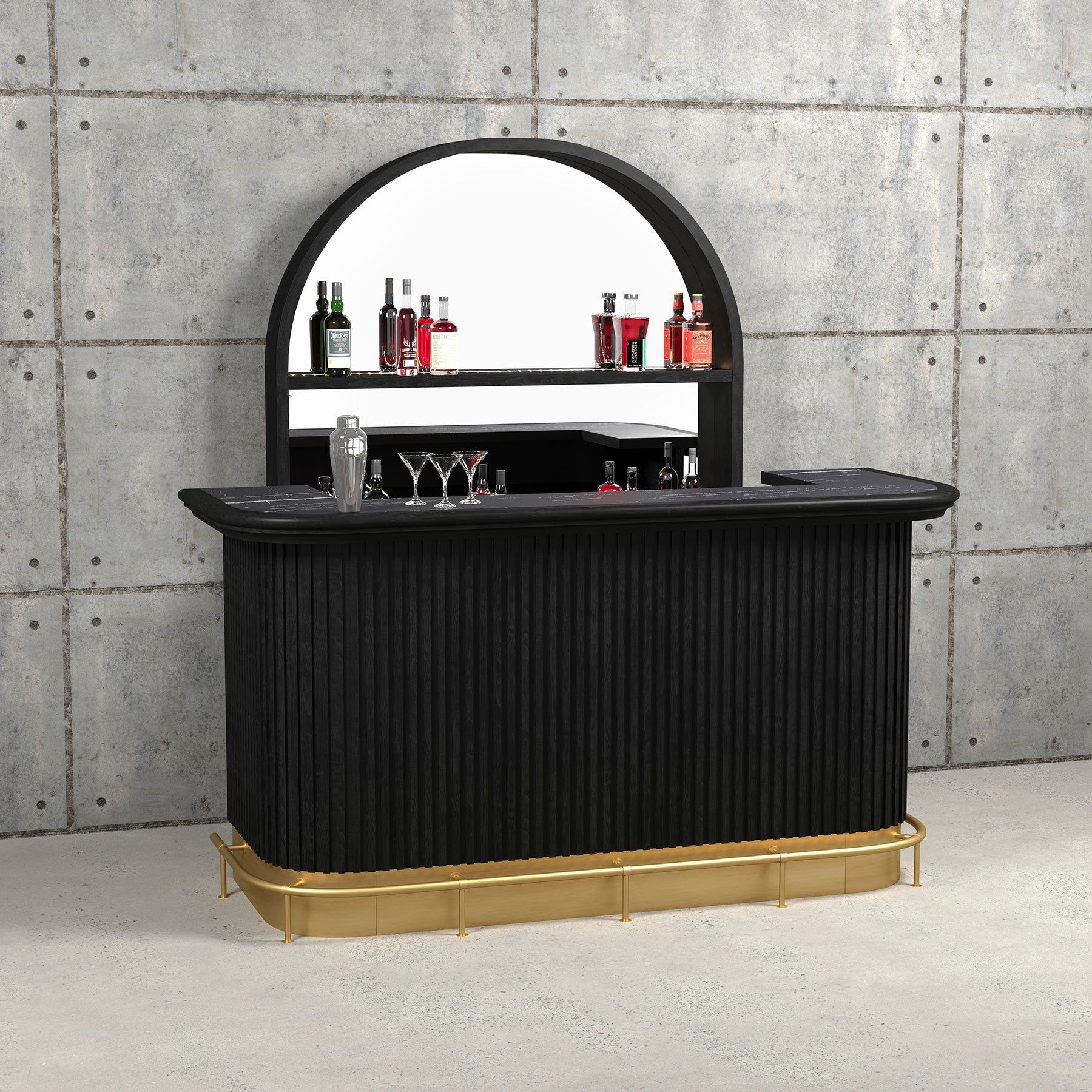 RAM Game Room Prohibition 84" Cocktail Bar in black with gold accents and mirrored back.