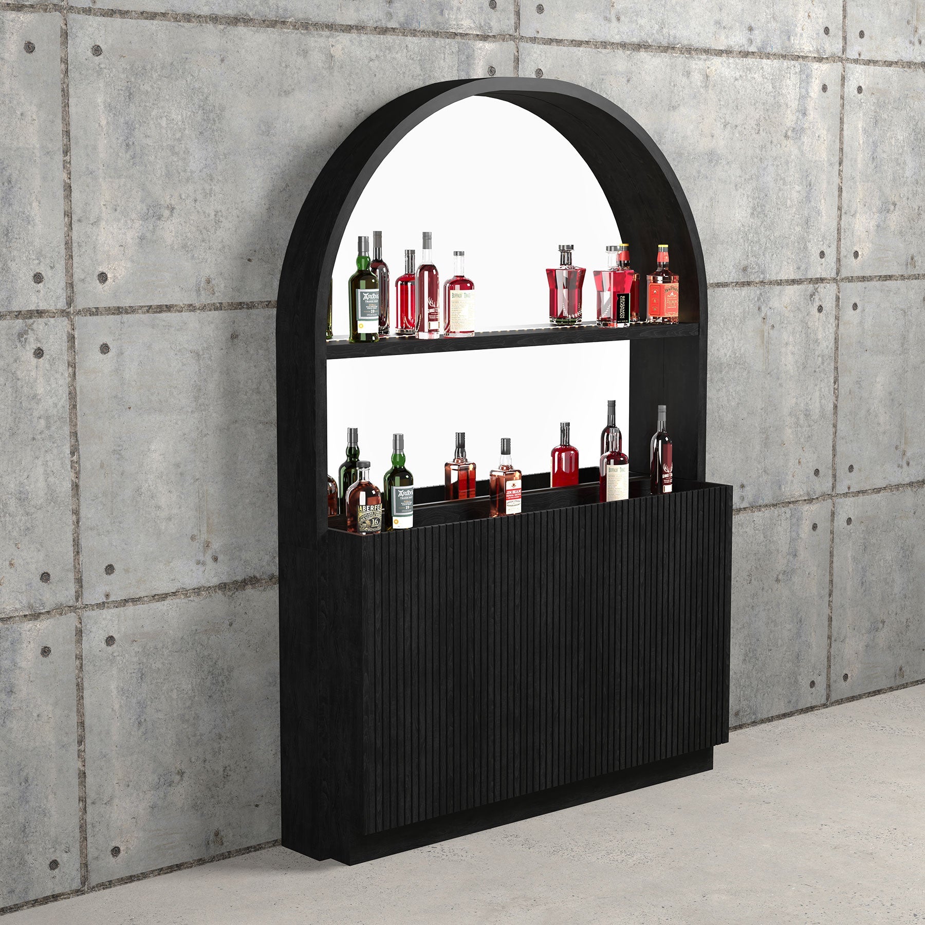 RAM Game Room Prohibition Back Bar in black displays liquor with vintage style against concrete wall.