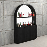 RAM Game Room Prohibition Back Bar in black displays liquor with vintage style against concrete wall.