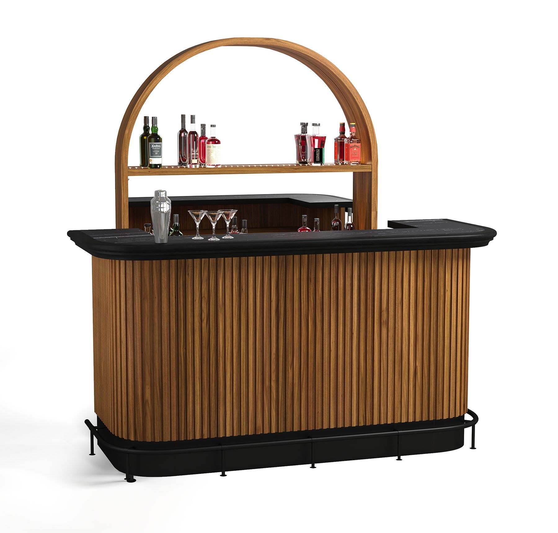 RAM Game Room Prohibition 84" Walnut Cocktail Bar by RAM Game Room with classic barware display.