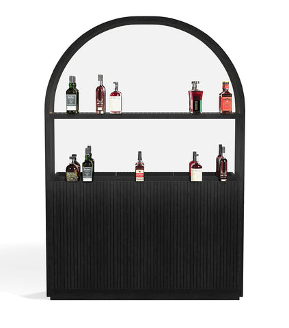 RAM Game Room Prohibition Back Bar - Black with liquor bottles on two sleek shelves.