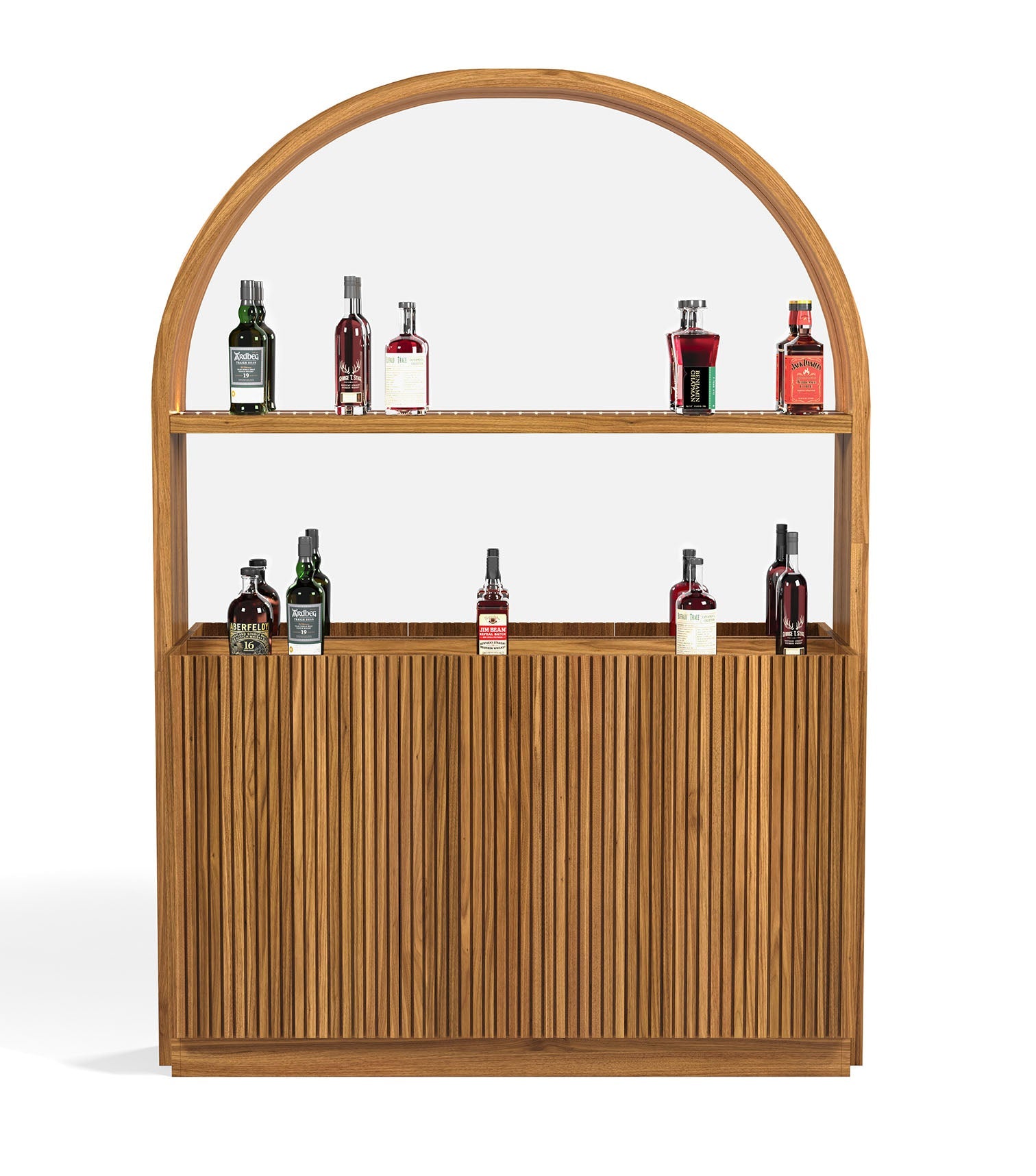 RAM Game Room Prohibition Back Bar - Walnut displays liquor on two shelves for your home bar.