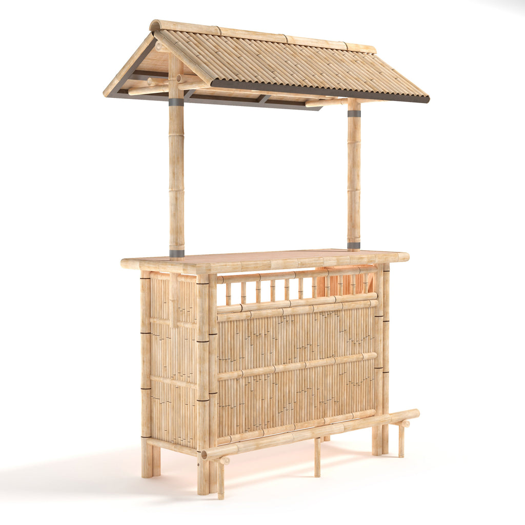 The RAM Game Room 60" Bamboo Tiki Bar has a thatched roof and footrest for outdoor lounging.