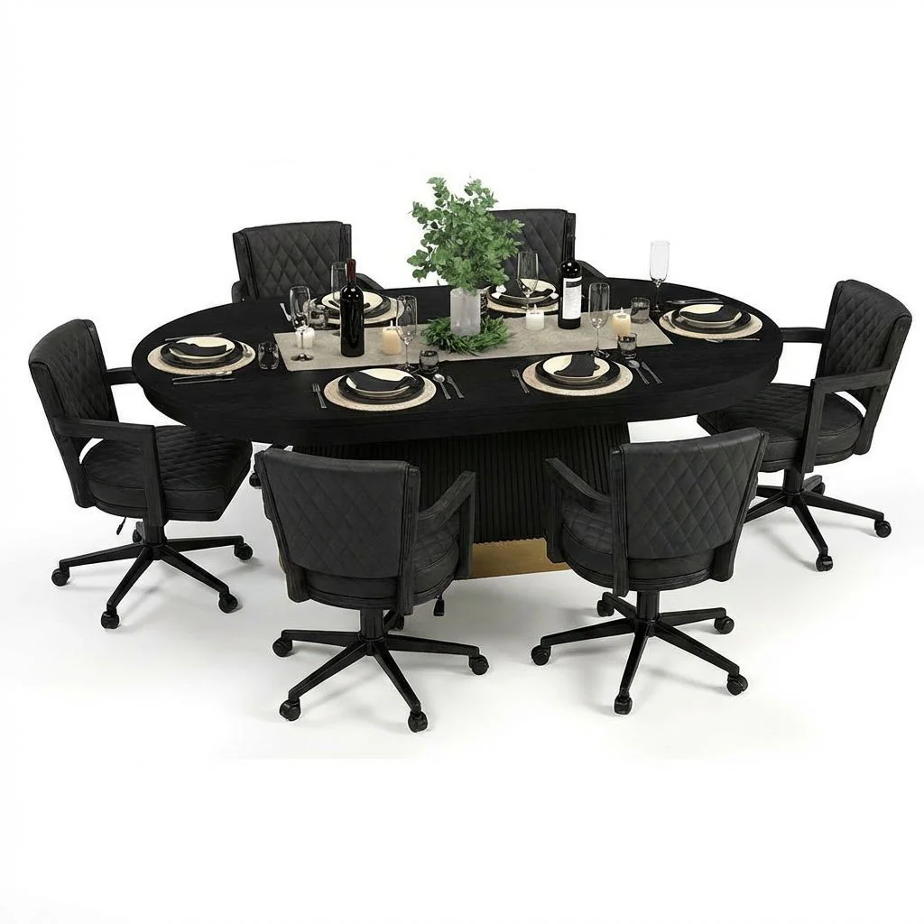 Round dining table set with black chairs on a white background