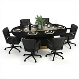 Round dining table set with black chairs on a white background