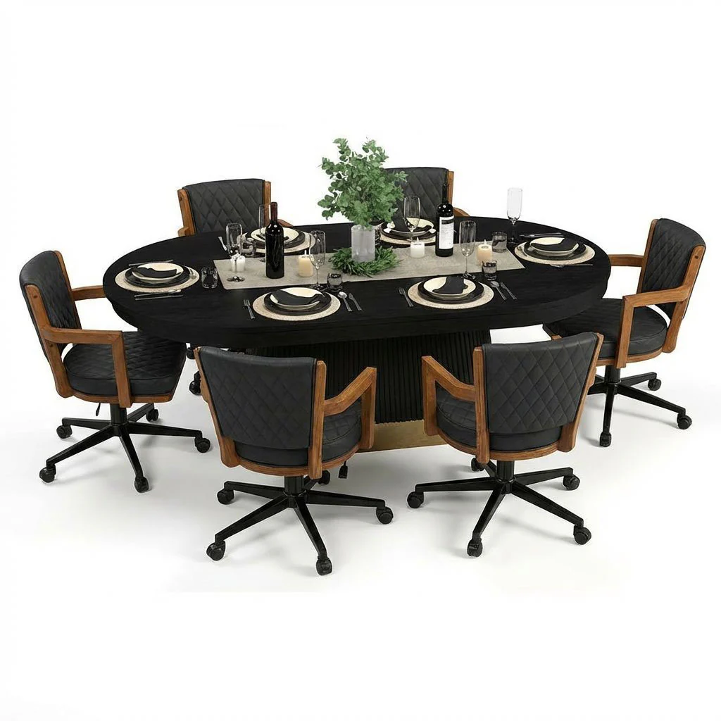 Round dining table set with chairs on a white background