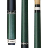 Green pool cue with different designs on a white background
