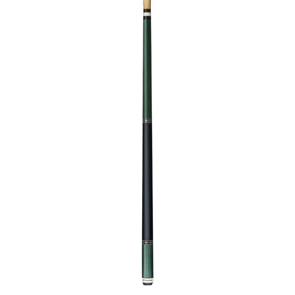 Green pool cue with a white tip on a white background