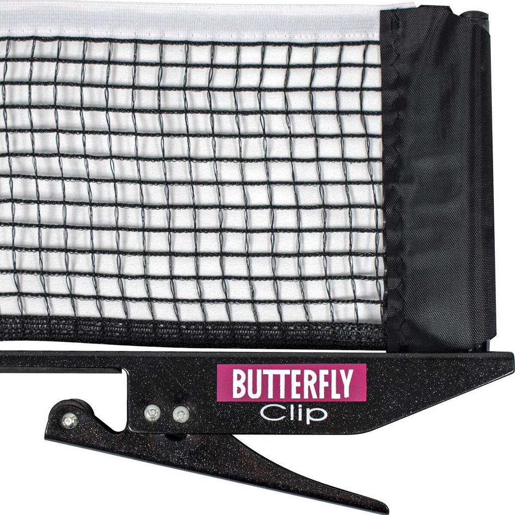 Close-up of a butterfly clip for a ping pong net, showing the black clip, white net, and a pink and white butterfly logo on the support bracket.