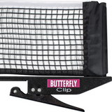 Close-up of a butterfly clip for a ping pong net, showing the black clip, white net, and a pink and white butterfly logo on the support bracket.