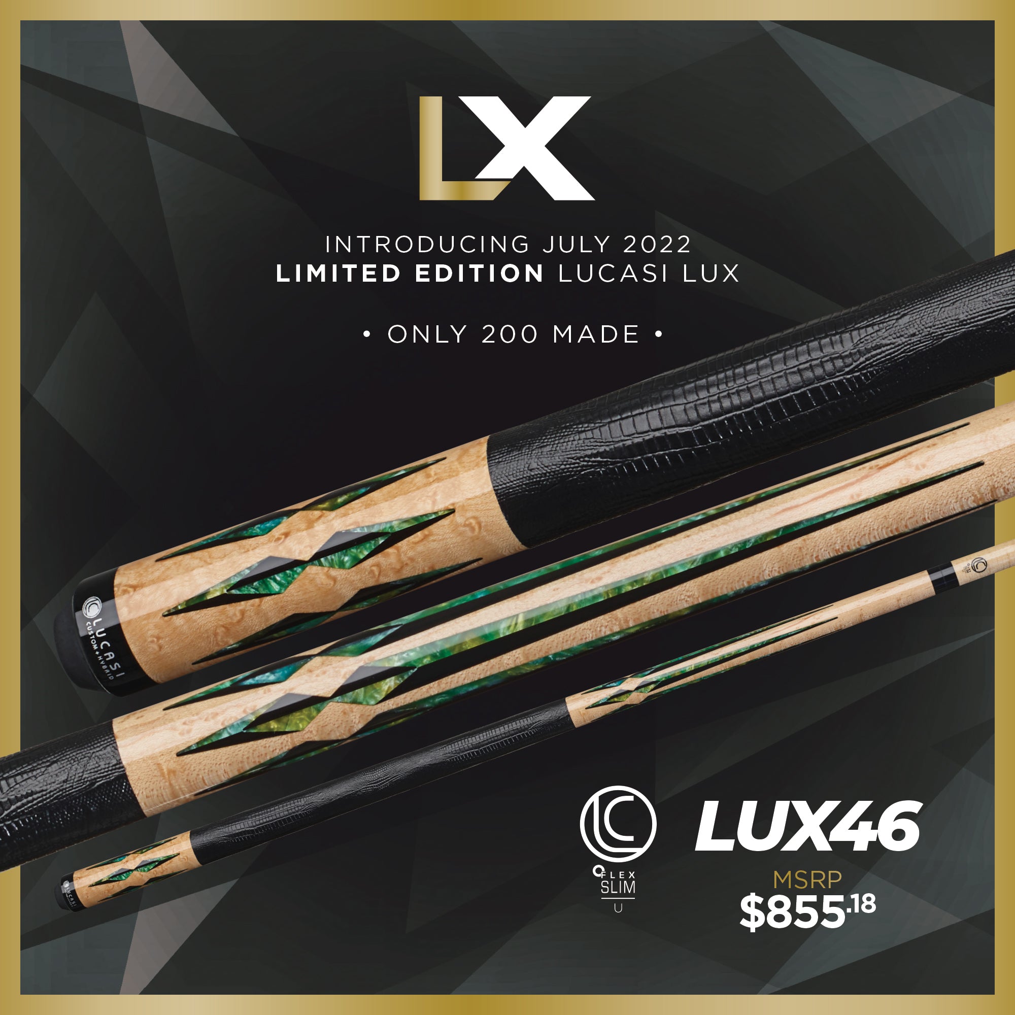 Close-up of Lucasi Lux® LUX46 Pool Cue by Lucasi with price and release info displayed.