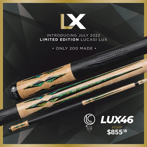 Close-up of Lucasi Lux® LUX46 Pool Cue by Lucasi with price and release info displayed.