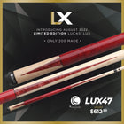 Lucasi Lux® LUX47 Pool Cue, red & wood, Birdseye Maple handle on black geometric background.